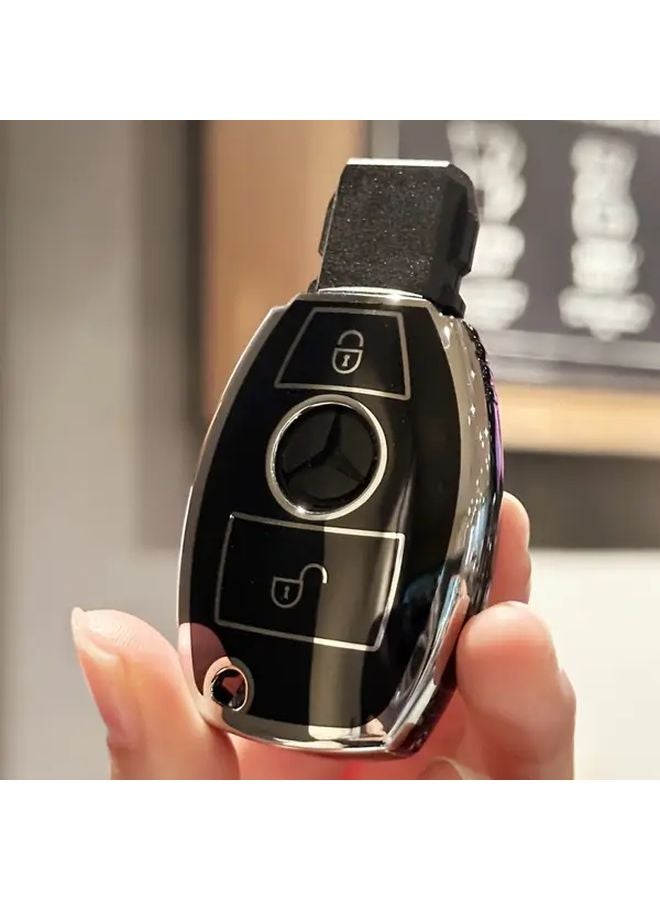 غطاء مفتاح TPU أسود مع سلسلة مفاتيح لسيارات مرسيدس بنز موديلات A و C و E و S و G و CLA و CLS و GLA و GLB و GLC و GLE و GLS - Image 4